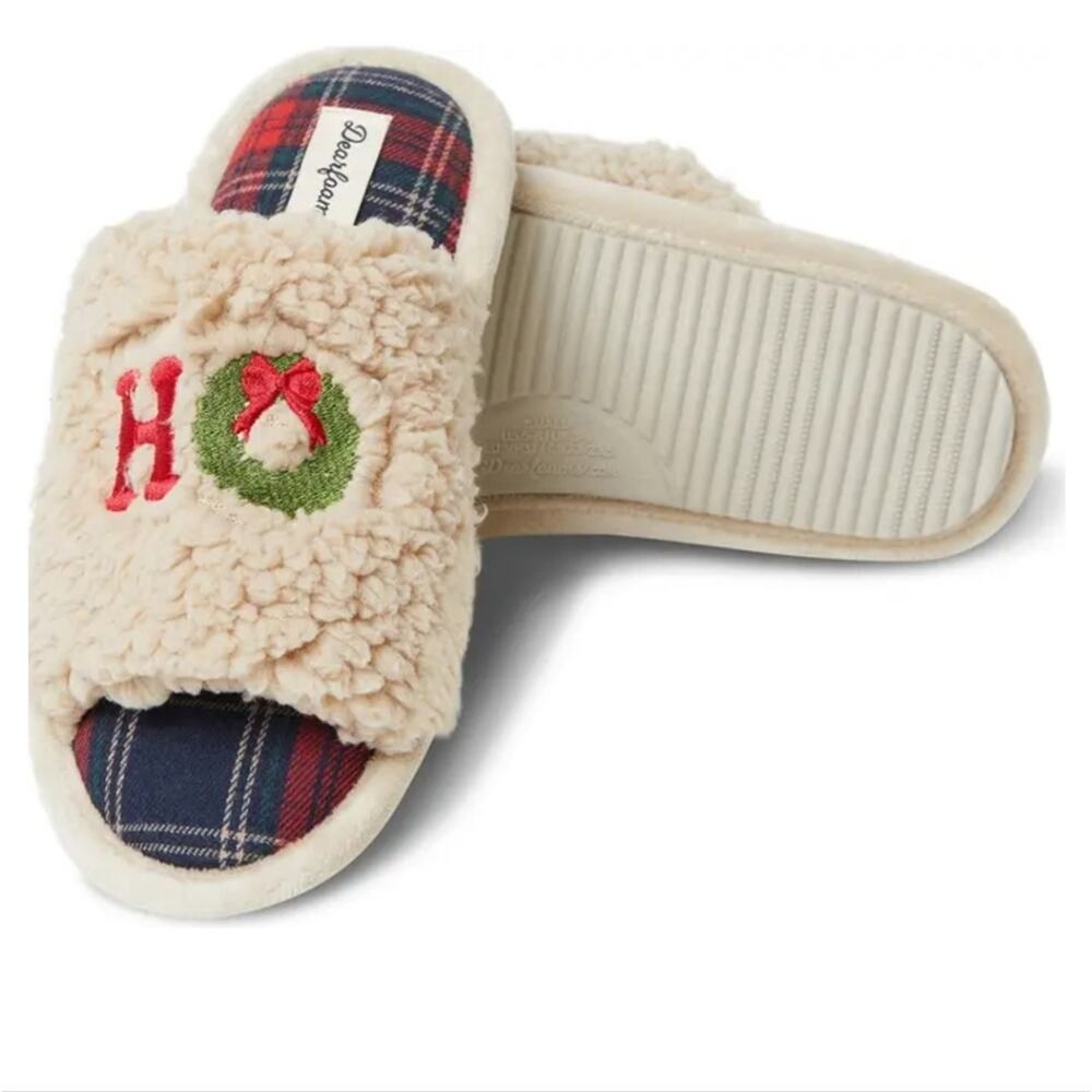NWT "HO"ME Lane Holiday Faux Fur Dearfoams Cream Slide Slippers size XL (11-12) - Picture 2 of 15